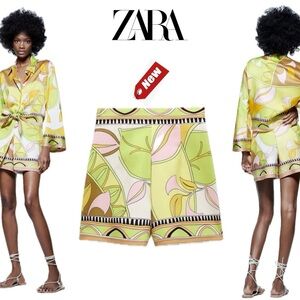 Zara lime green brown tropical print skort skirt Sz S NWT